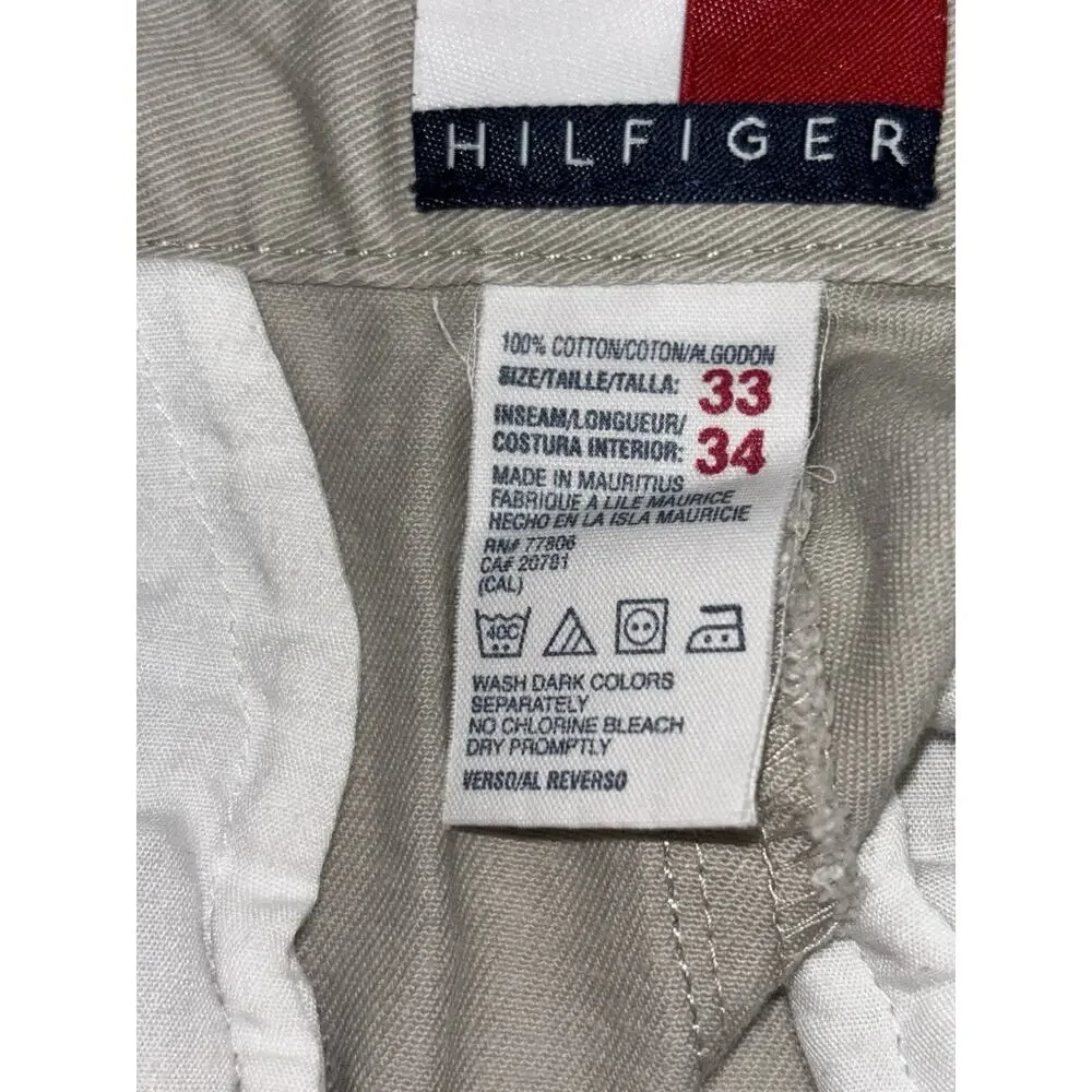 33X33 Tommy Hilfiger Tan Khaki Chino Pants Mens Flat Front Logo Flag Cotton EUC
